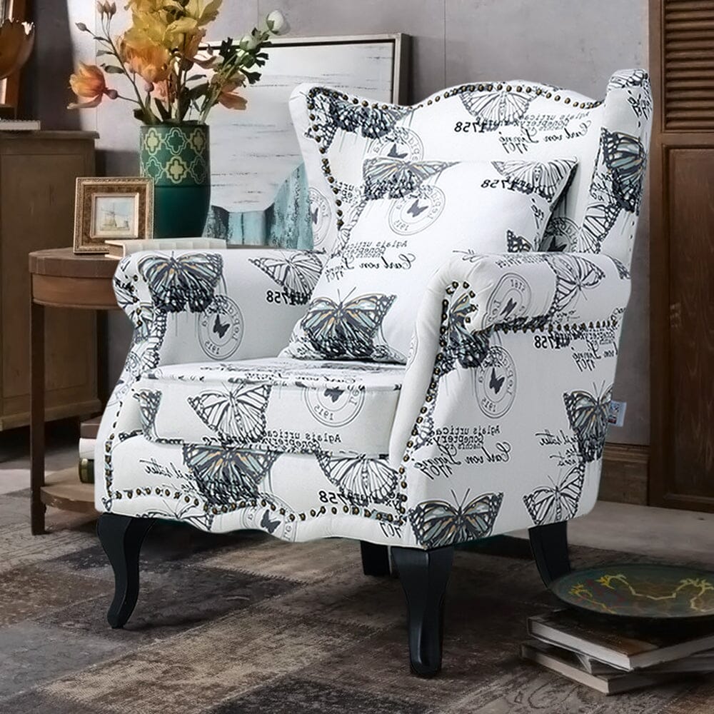 Accent Chair White Floral Linen Black Rubber Wood Tiger Legs Living and Home 