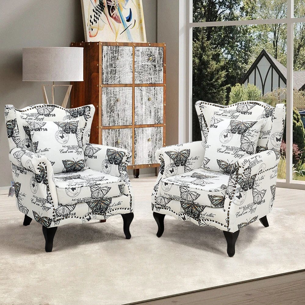 Accent Chair White Floral Linen Black Rubber Wood Tiger Legs Living and Home 