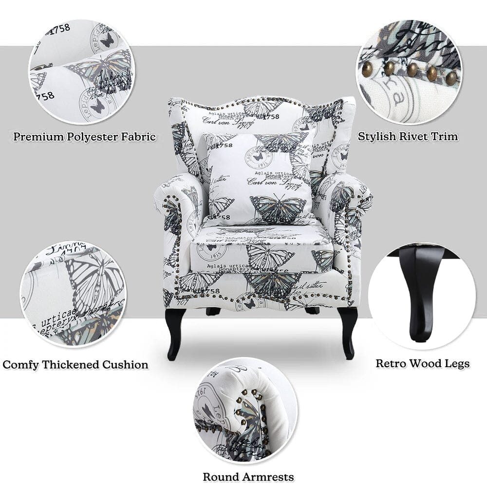 Accent Chair White Floral Linen Black Rubber Wood Tiger Legs Living and Home 