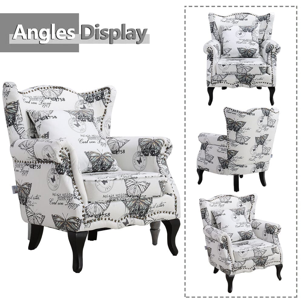 Accent Chair White Floral Linen Black Rubber Wood Tiger Legs Living and Home 