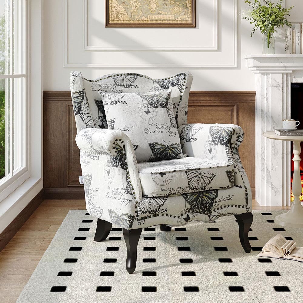 Accent Chair White Floral Linen Black Rubber Wood Tiger Legs Living and Home 
