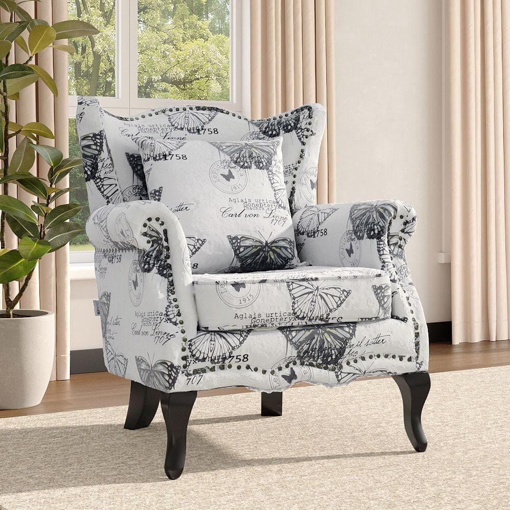 Accent Chair White Floral Linen Black Rubber Wood Tiger Legs Living and Home 