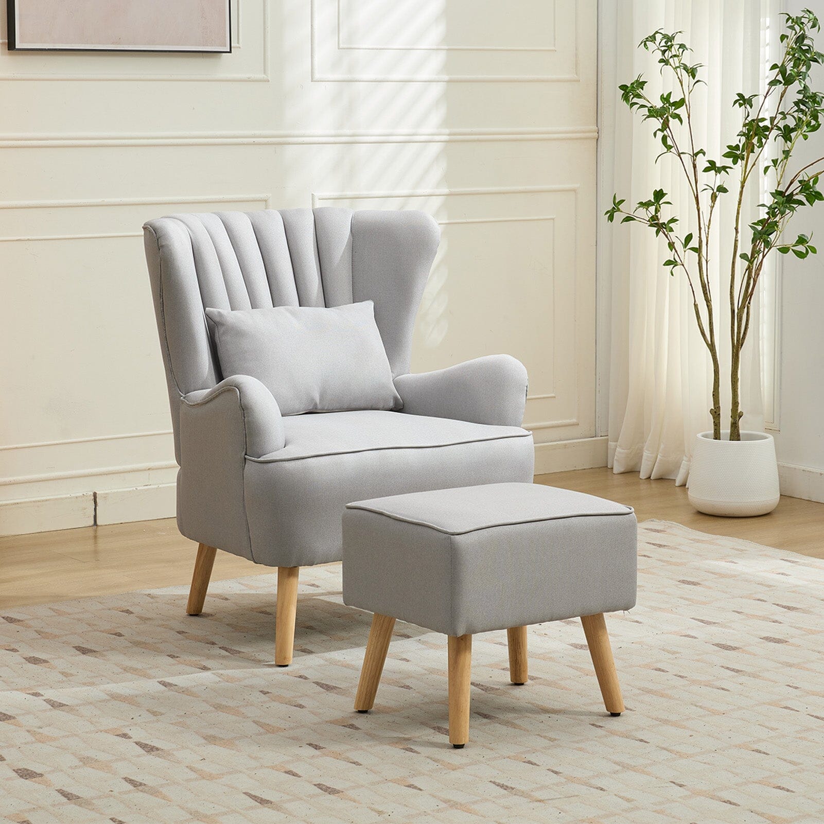 Modern Wingback Accent Chair with Ottoman and Pillow Off White Living and Home 