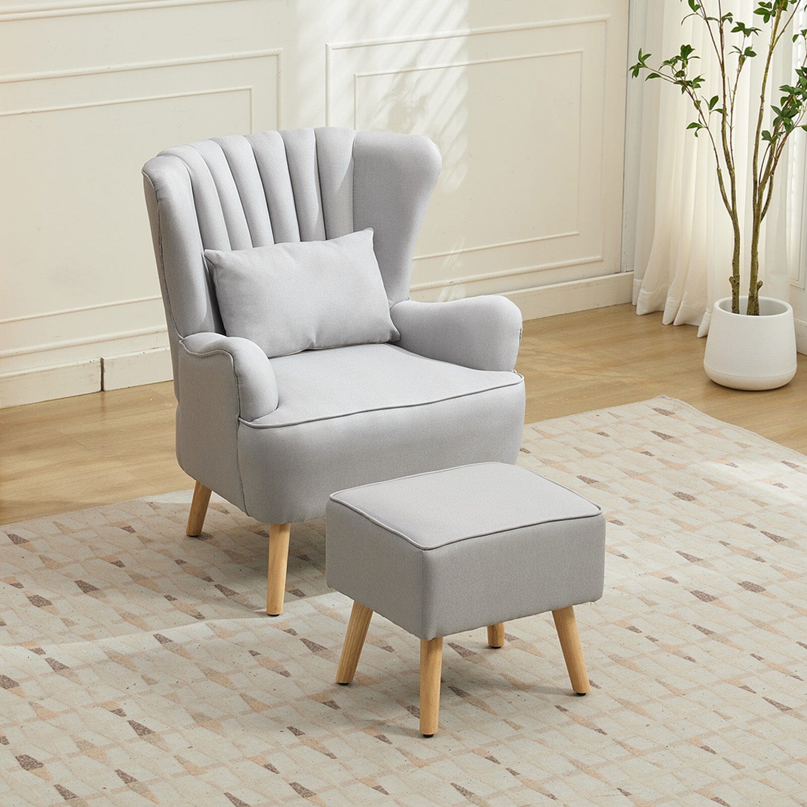 Modern Wingback Accent Chair with Ottoman and Pillow Off White Living and Home 