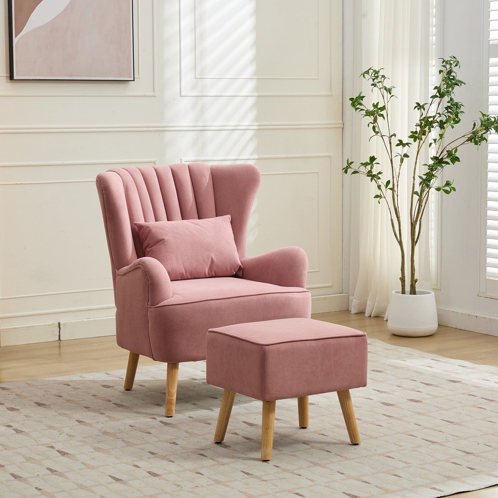 Modern Wingback Accent Chair with Ottoman and Pillow Living and Home Pink 