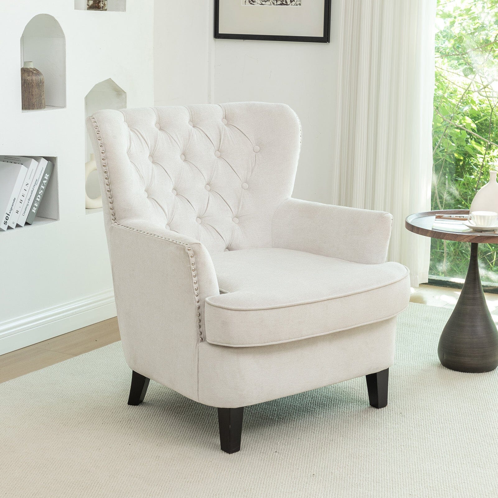 Accent Chair Off-White Bread Shaped Linen Black Solid Wood Legs Living and Home 