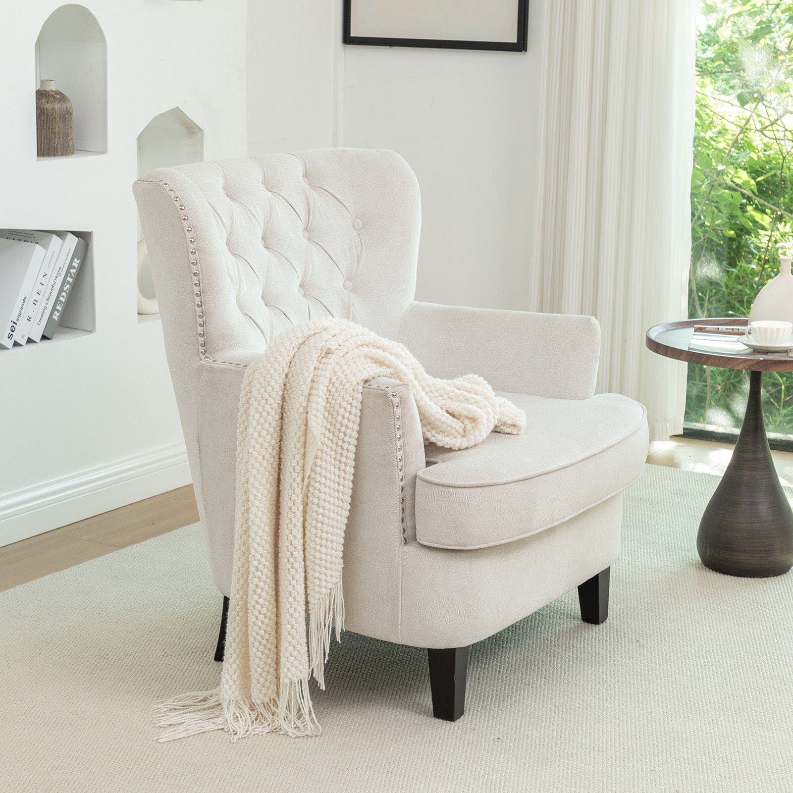 Accent Chair Off-White Bread Shaped Linen Black Solid Wood Legs Living and Home 