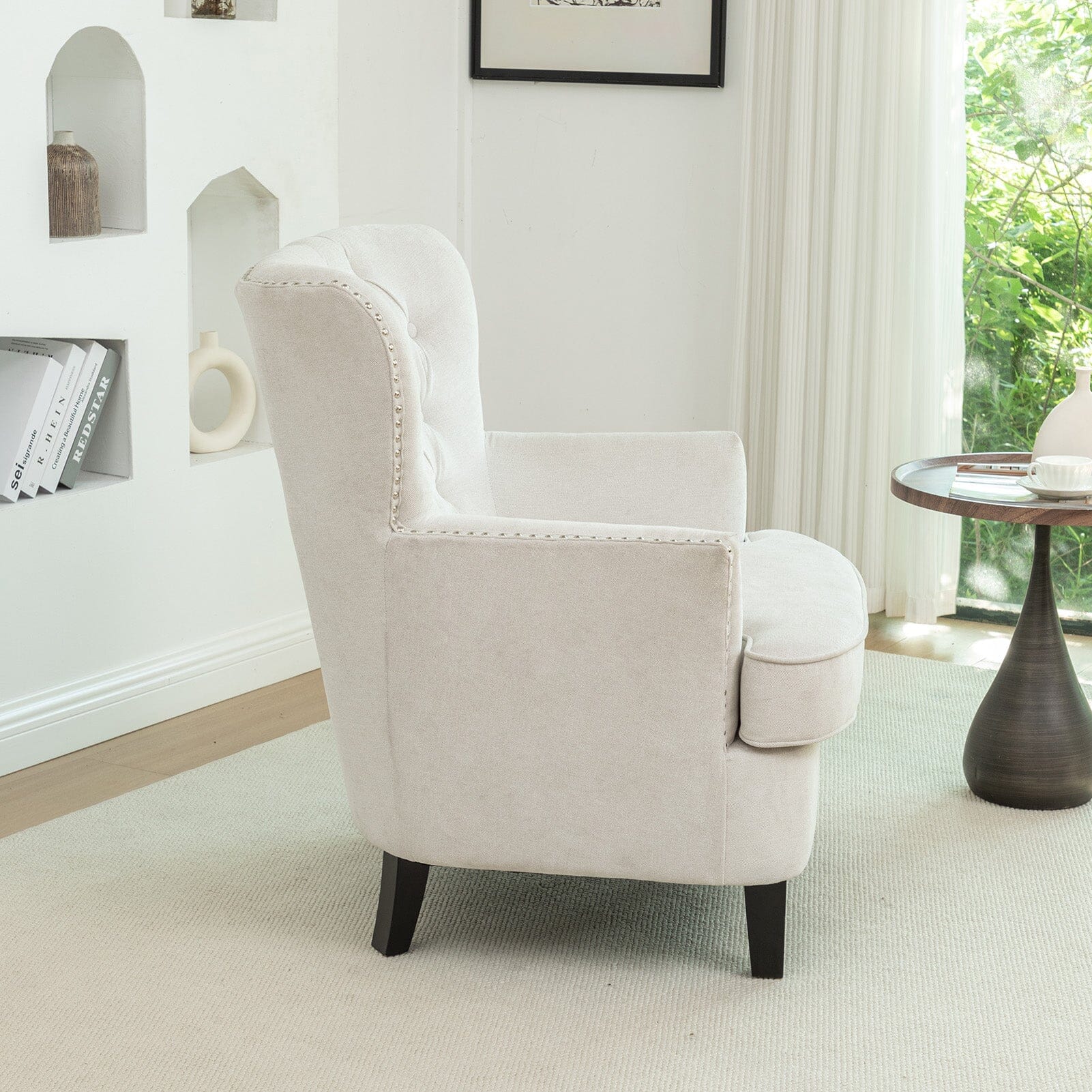 Accent Chair Off-White Bread Shaped Linen Black Solid Wood Legs Living and Home 