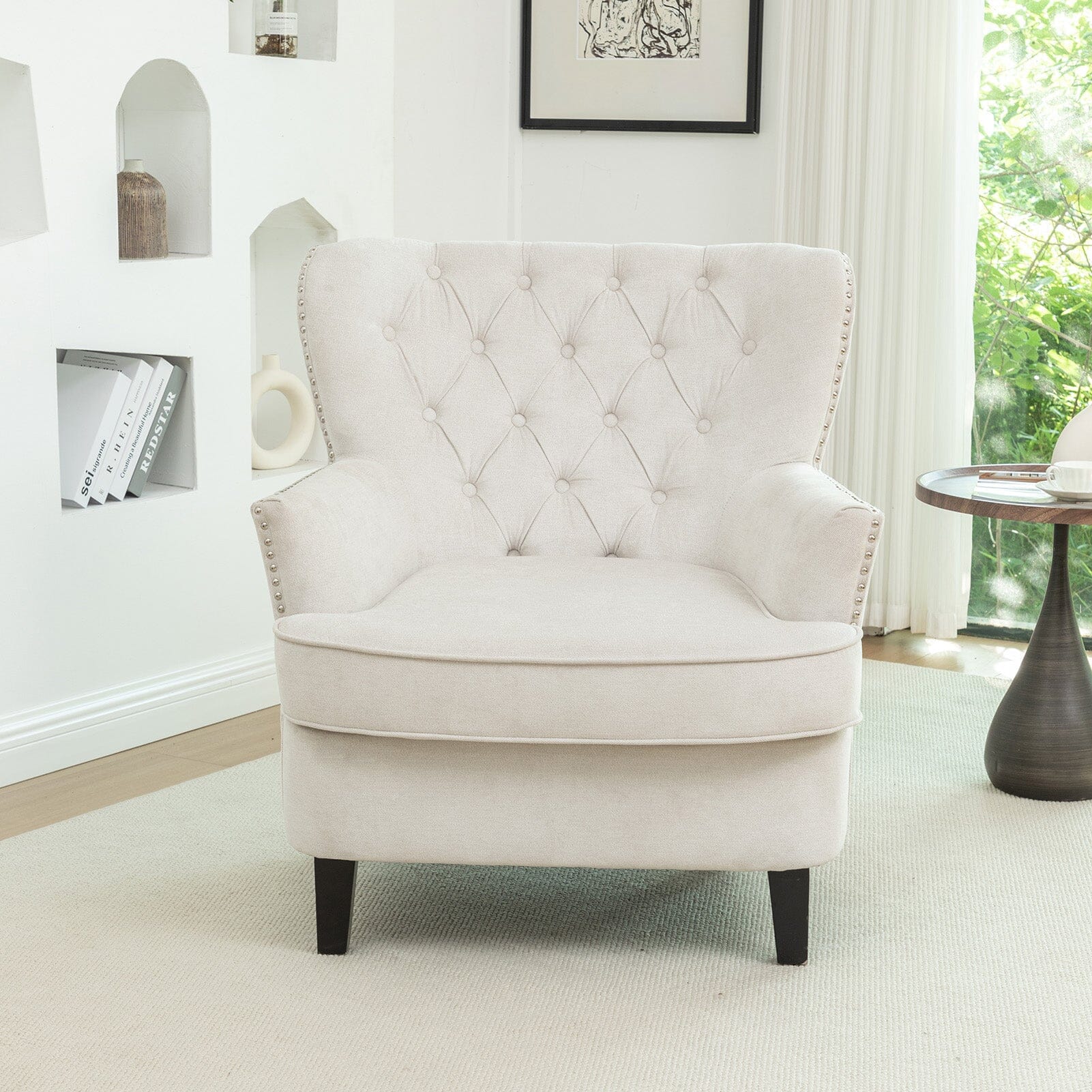 Accent Chair Off-White Bread Shaped Linen Black Solid Wood Legs Living and Home 