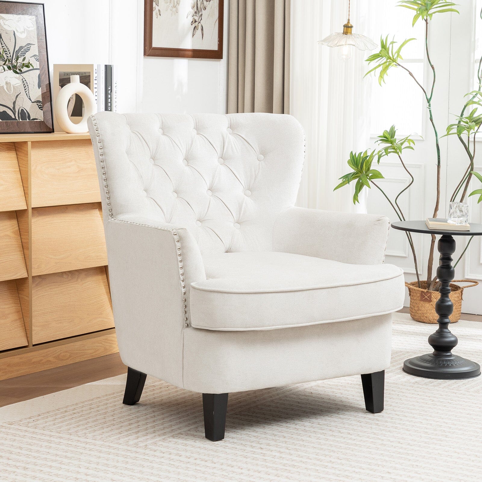 Accent Chair Off-White Bread Shaped Linen Black Solid Wood Legs Living and Home 