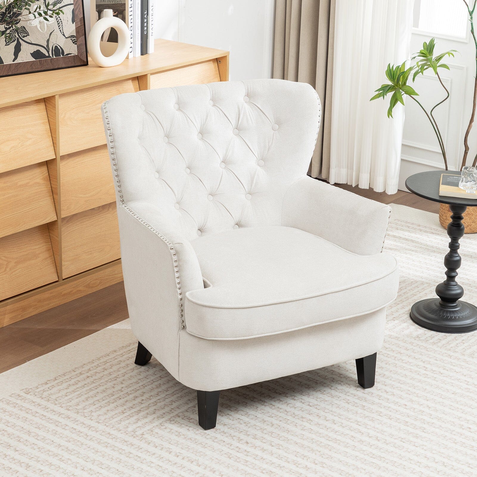 Accent Chair Off-White Bread Shaped Linen Black Solid Wood Legs Living and Home 