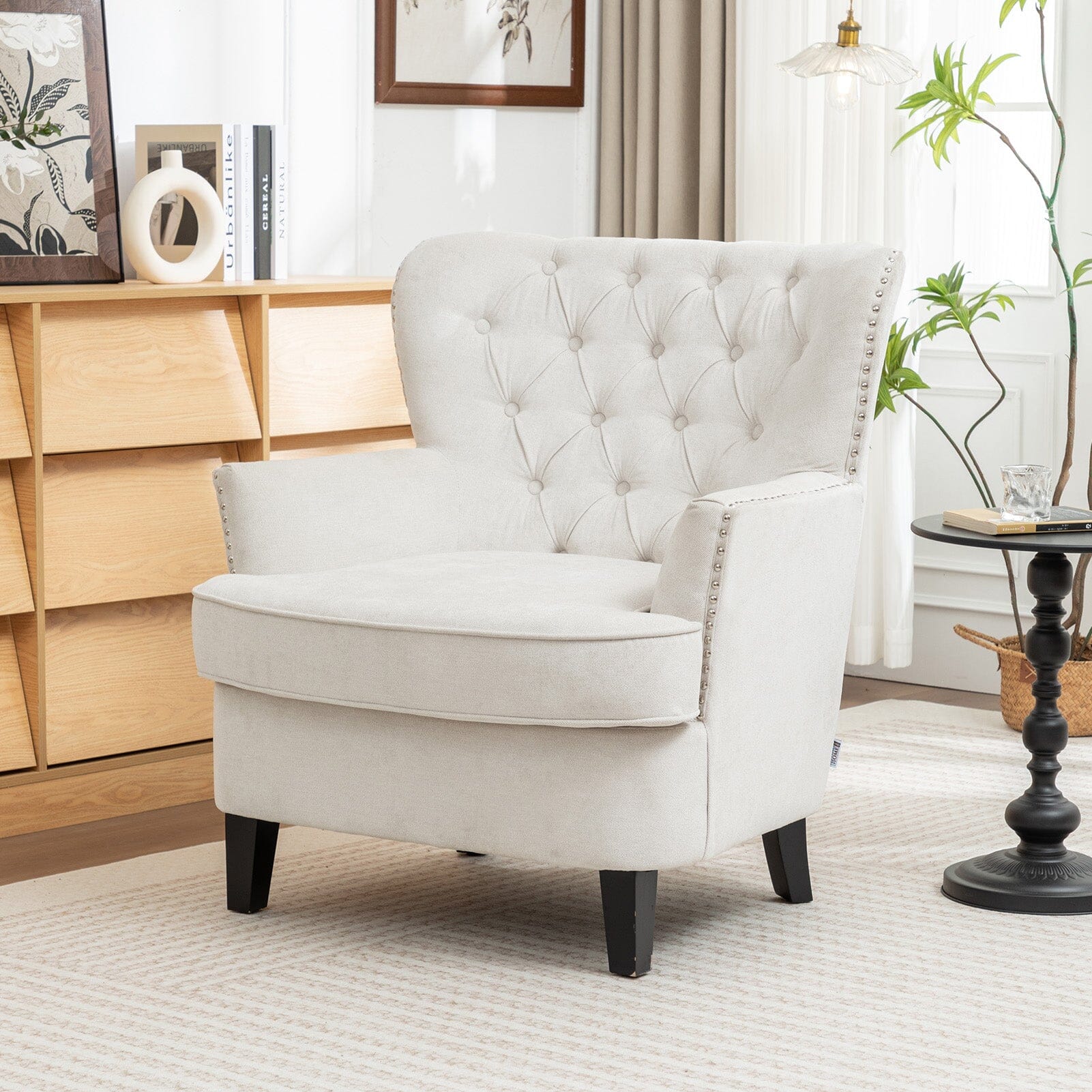 Accent Chair Off-White Bread Shaped Linen Black Solid Wood Legs Living and Home 