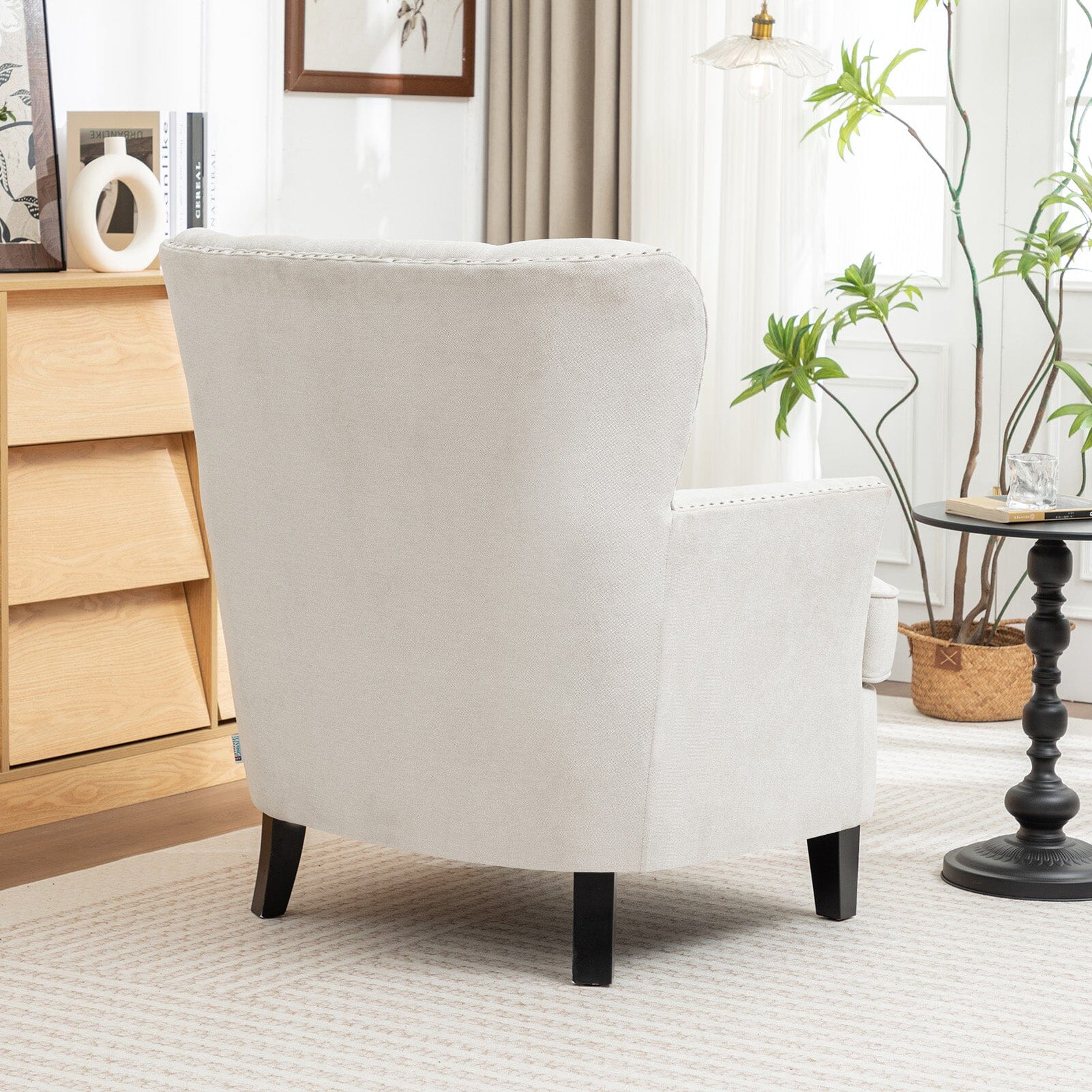 Accent Chair Off-White Bread Shaped Linen Black Solid Wood Legs Living and Home 