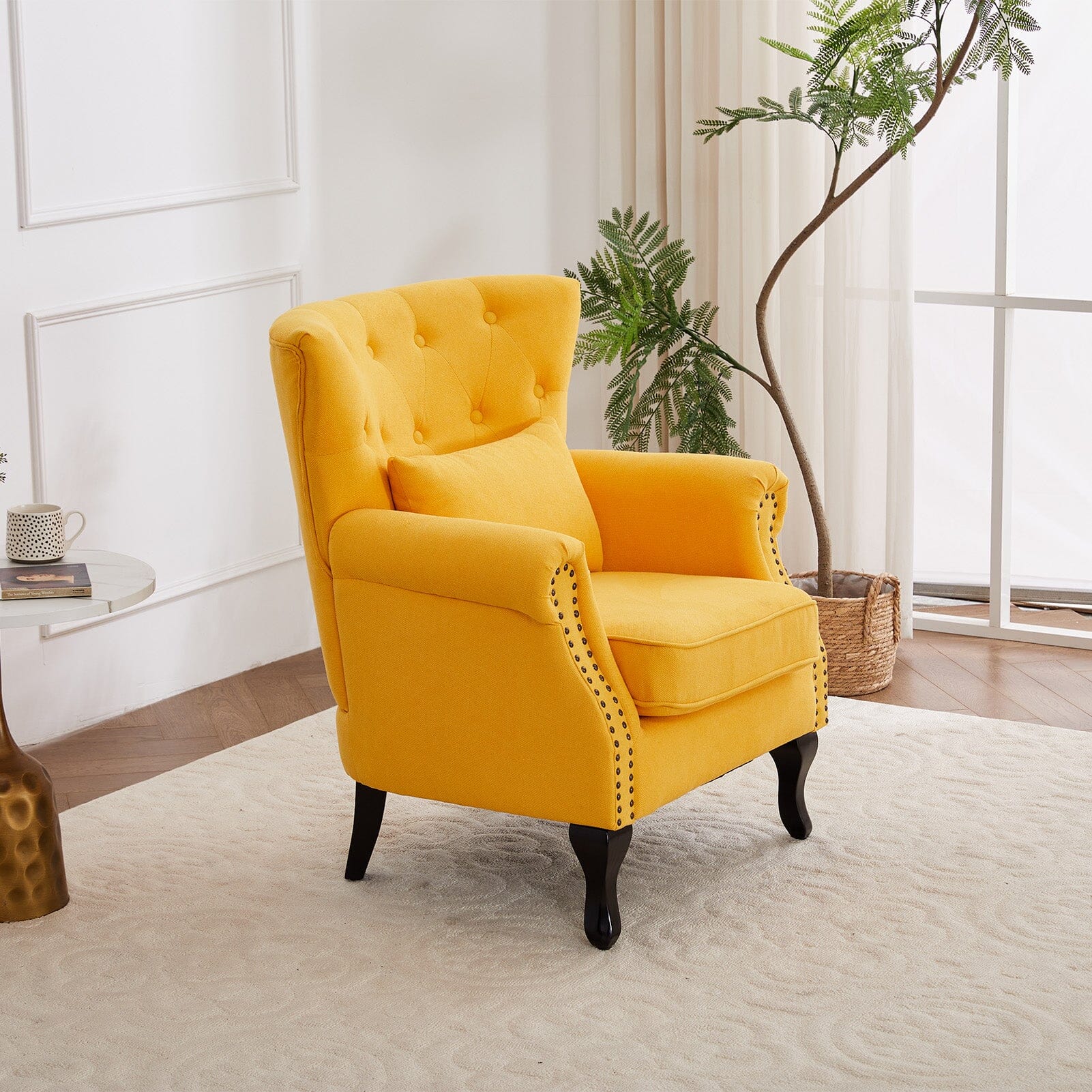Accent Chair Yellow Velvet Linen Deep Tufted Back High Tiger Legs Living and Home 