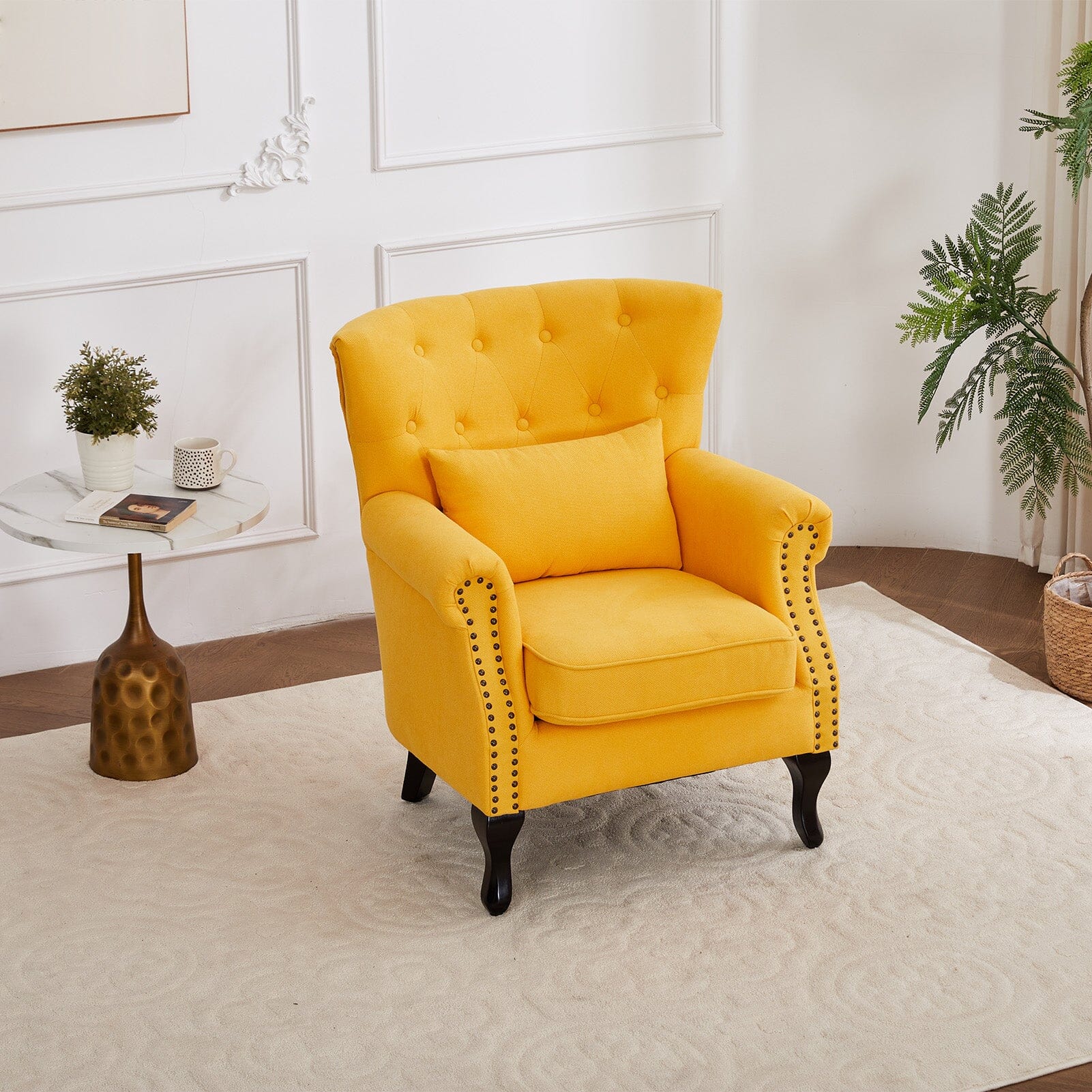 Accent Chair Yellow Velvet Linen Deep Tufted Back High Tiger Legs Living and Home 