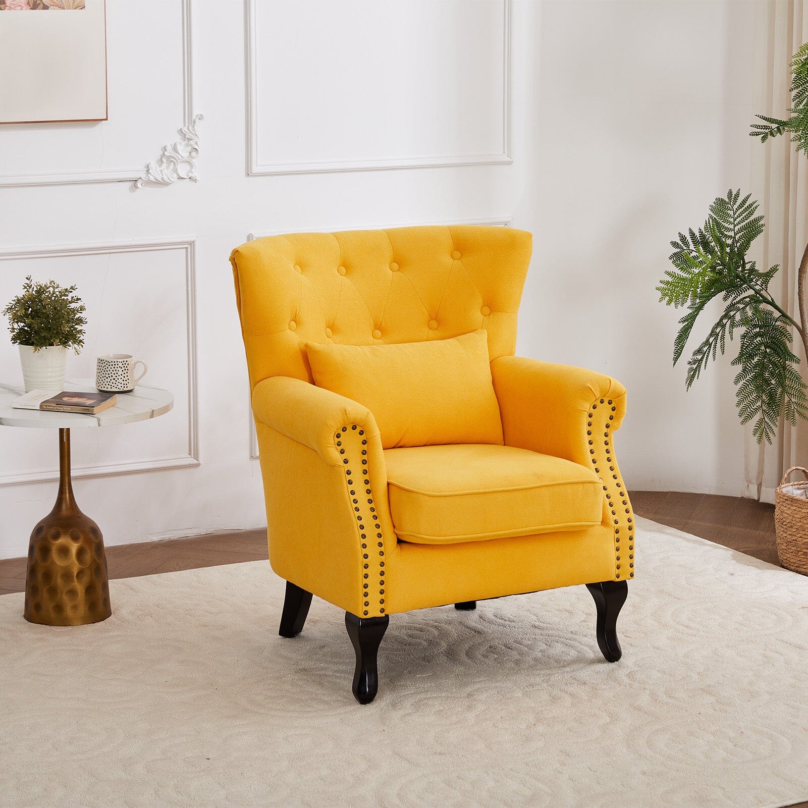 Accent Chair Yellow Velvet Linen Deep Tufted Back High Tiger Legs Living and Home 