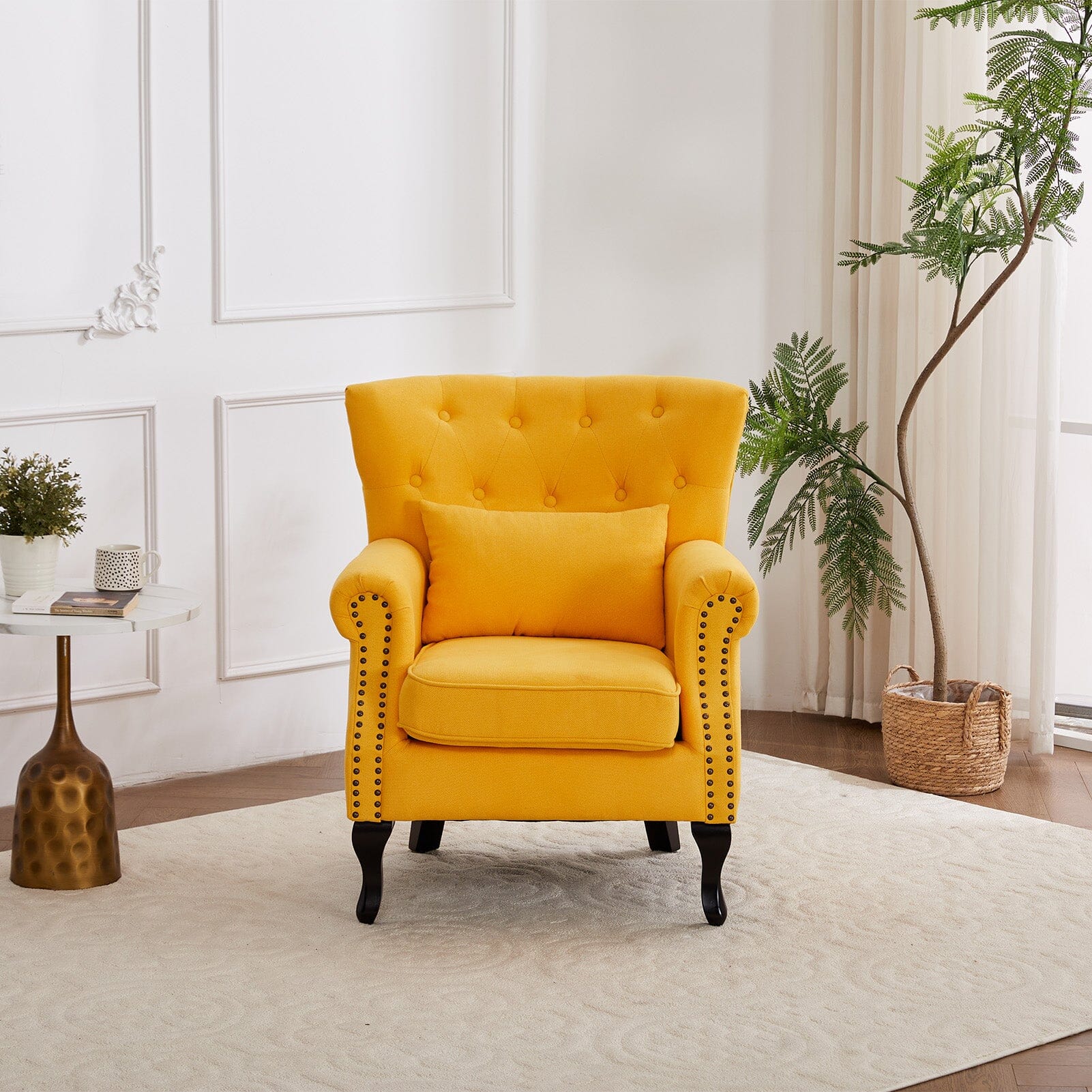 Accent Chair Yellow Velvet Linen Deep Tufted Back High Tiger Legs Living and Home 