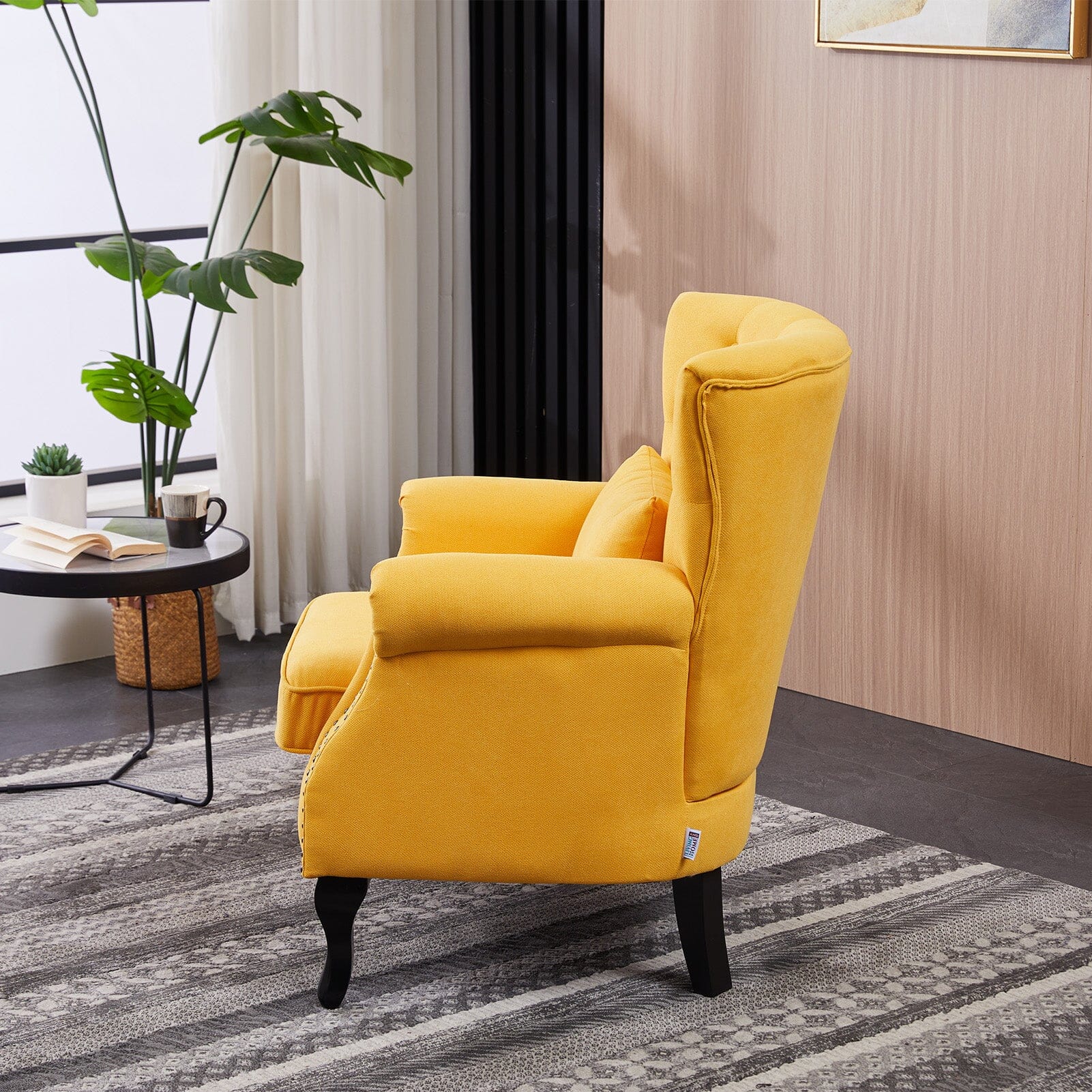 Accent Chair Yellow Velvet Linen Deep Tufted Back High Tiger Legs Living and Home 