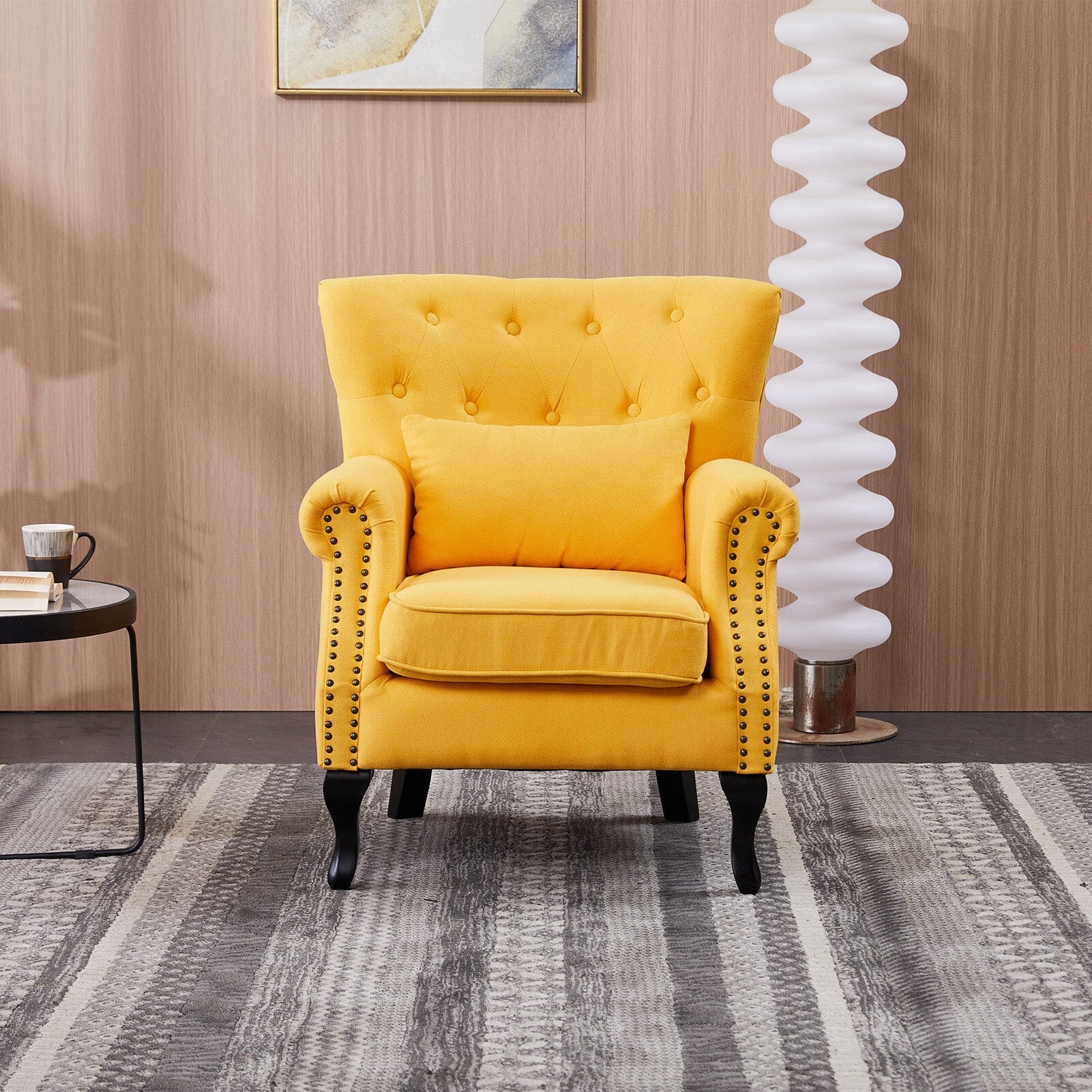 Accent Chair Yellow Velvet Linen Deep Tufted Back High Tiger Legs Living and Home 