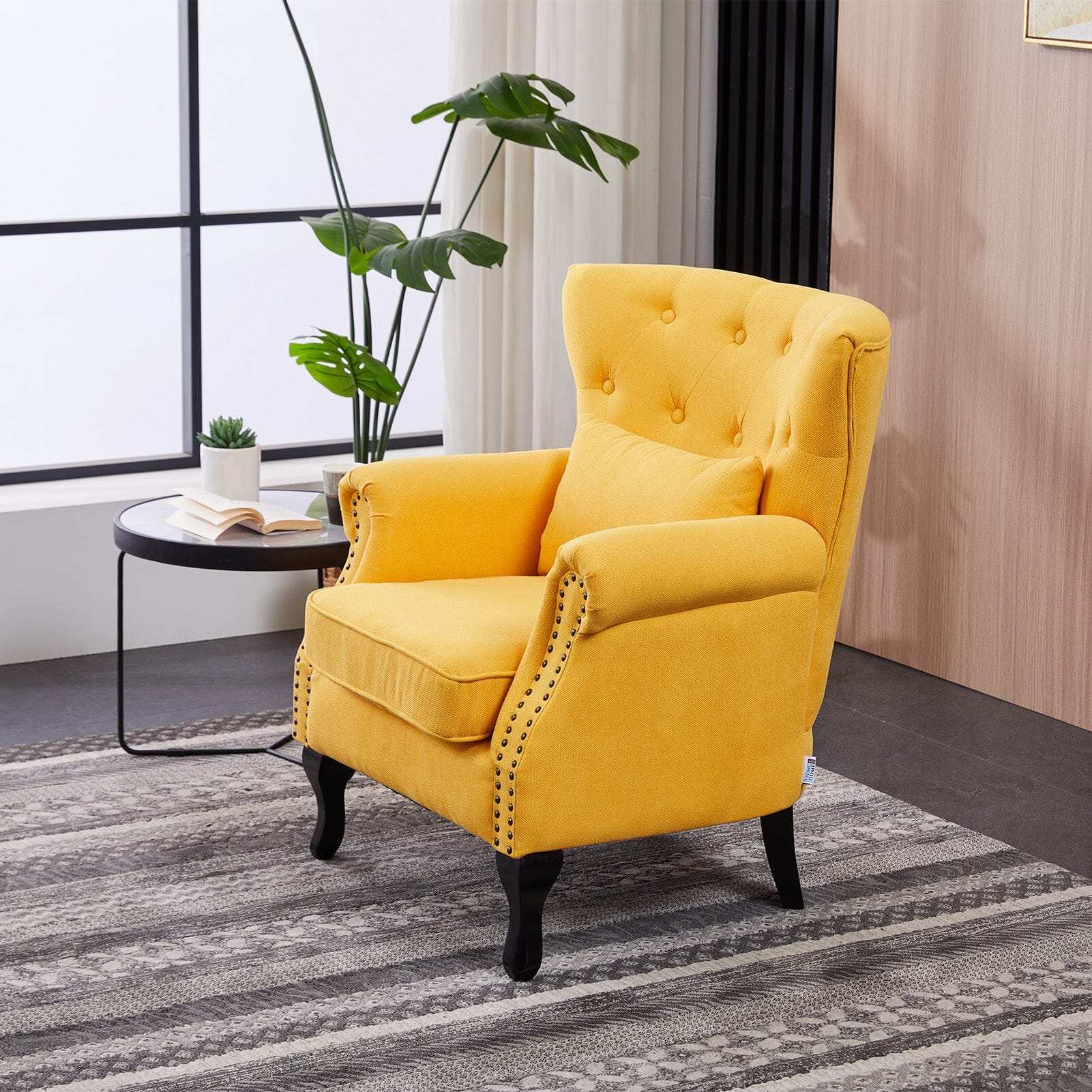 Accent Chair Yellow Velvet Linen Deep Tufted Back High Tiger Legs Living and Home 