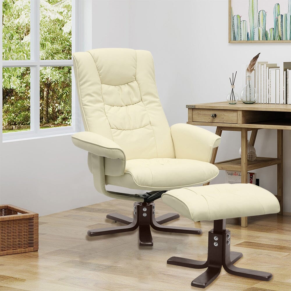 Executive Recliner Chair with Ottoman PU Leather Dark Brown Duck Feet Base Living and Home 