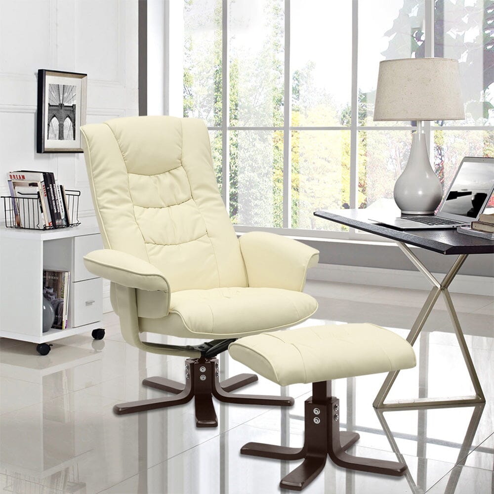 Executive Recliner Chair with Ottoman PU Leather Dark Brown Duck Feet Base Living and Home 