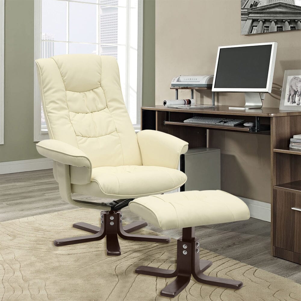 Executive Recliner Chair with Ottoman PU Leather Dark Brown Duck Feet Base Living and Home Beige 