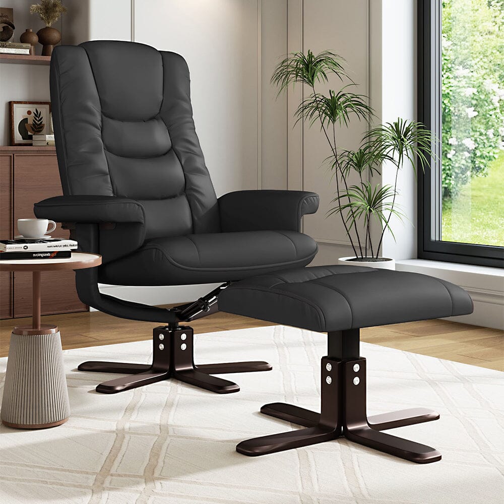Executive Recliner Chair with Ottoman PU Leather Dark Brown Duck Feet Base Living and Home 