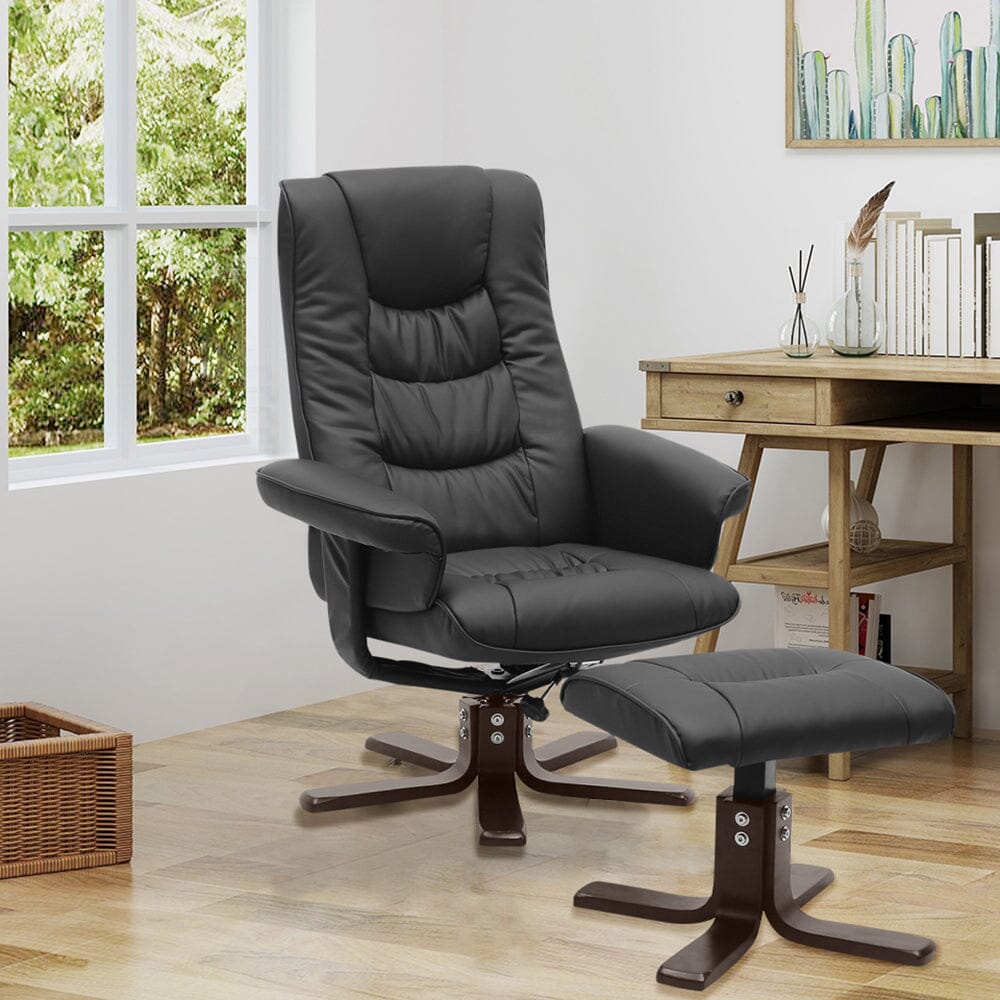 Executive Recliner Chair with Ottoman PU Leather Dark Brown Duck Feet Base Living and Home 