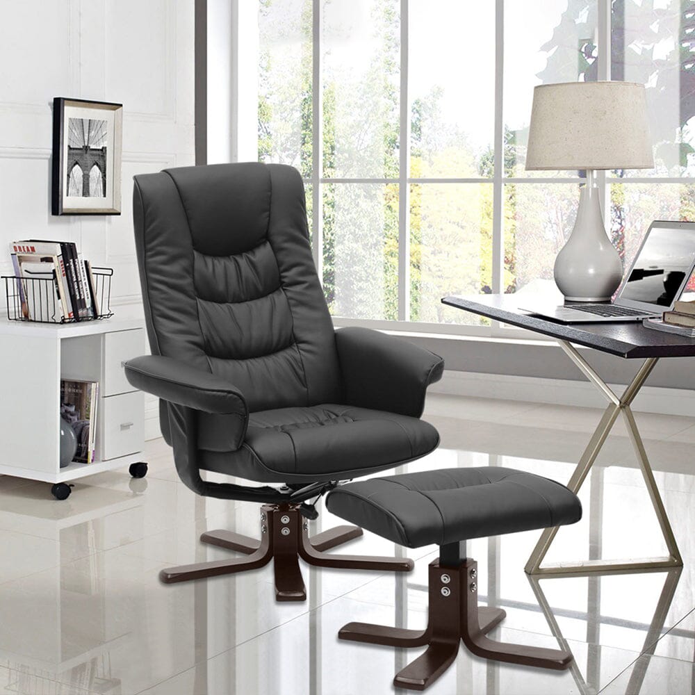 Executive Recliner Chair with Ottoman PU Leather Dark Brown Duck Feet Base Living and Home 