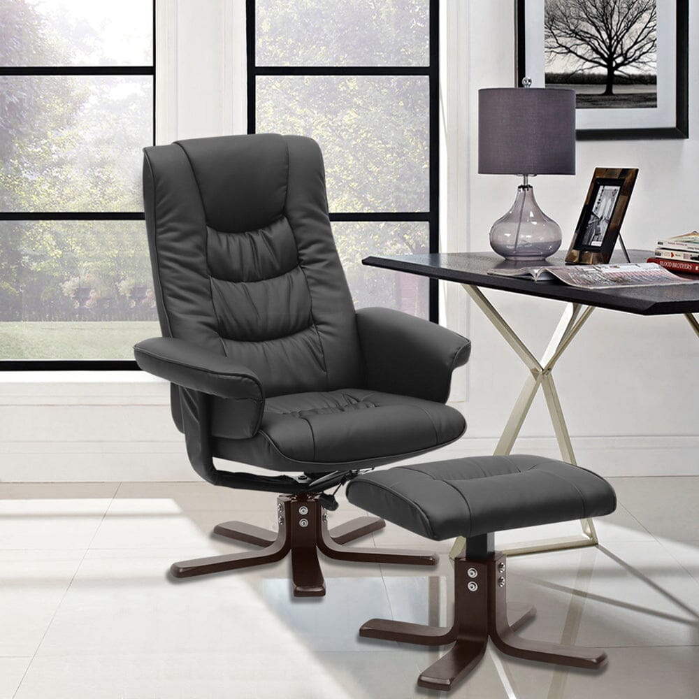 Executive Recliner Chair with Ottoman PU Leather Dark Brown Duck Feet Base Living and Home 