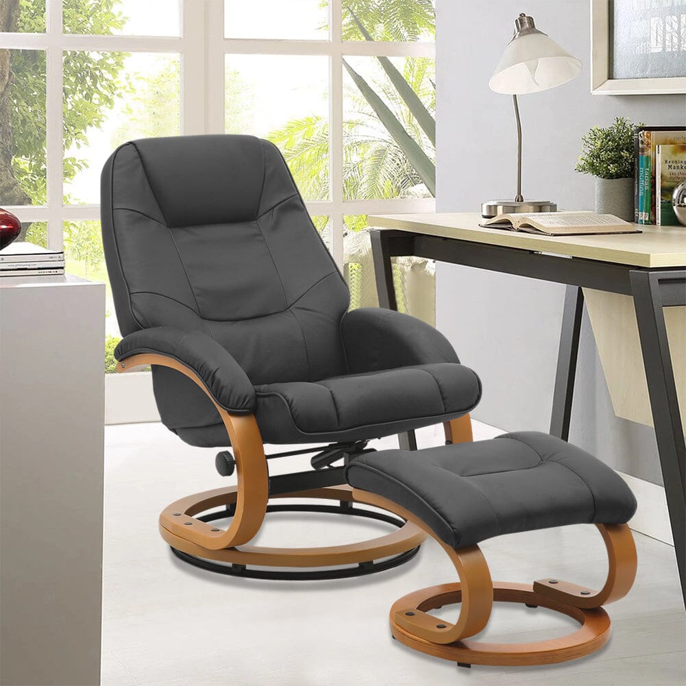 Executive Chair with Ottoman Grey PU Leather 360 Swivel Wood Base Living and Home 