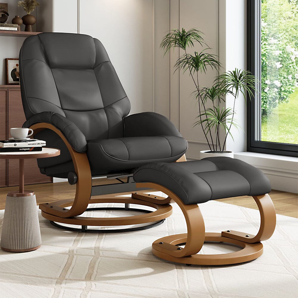 Executive Chair with Ottoman Grey PU Leather 360 Swivel Wood Base Living and Home 