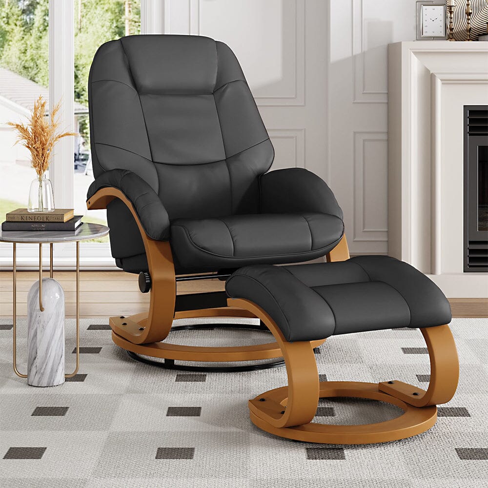 Executive Chair with Ottoman Grey PU Leather 360 Swivel Wood Base Living and Home Black 