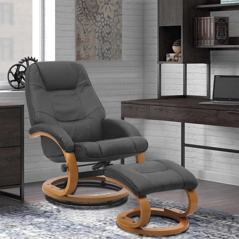 Executive Chair with Ottoman Grey PU Leather 360 Swivel Wood Base Living and Home 