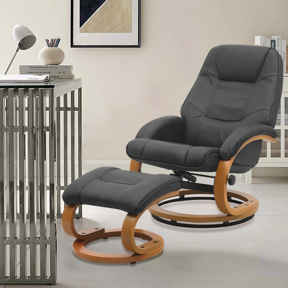 Executive Chair with Ottoman Grey PU Leather 360 Swivel Wood Base Living and Home 