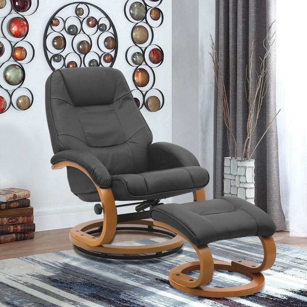 Executive Chair with Ottoman Grey PU Leather 360 Swivel Wood Base Living and Home 