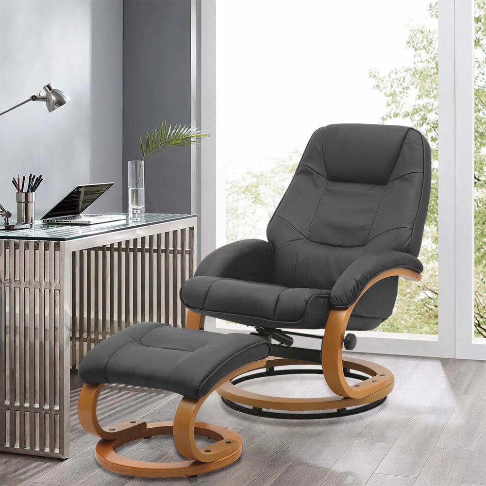 Executive Chair with Ottoman Grey PU Leather 360 Swivel Wood Base Living and Home 