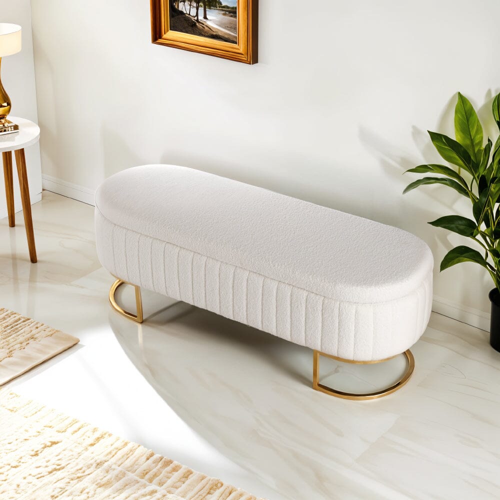 White Teddy Fleece Storage Bench with Metal Legs Living and Home 
