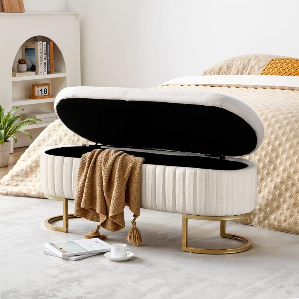 White Teddy Fleece Storage Bench with Metal Legs Living and Home 