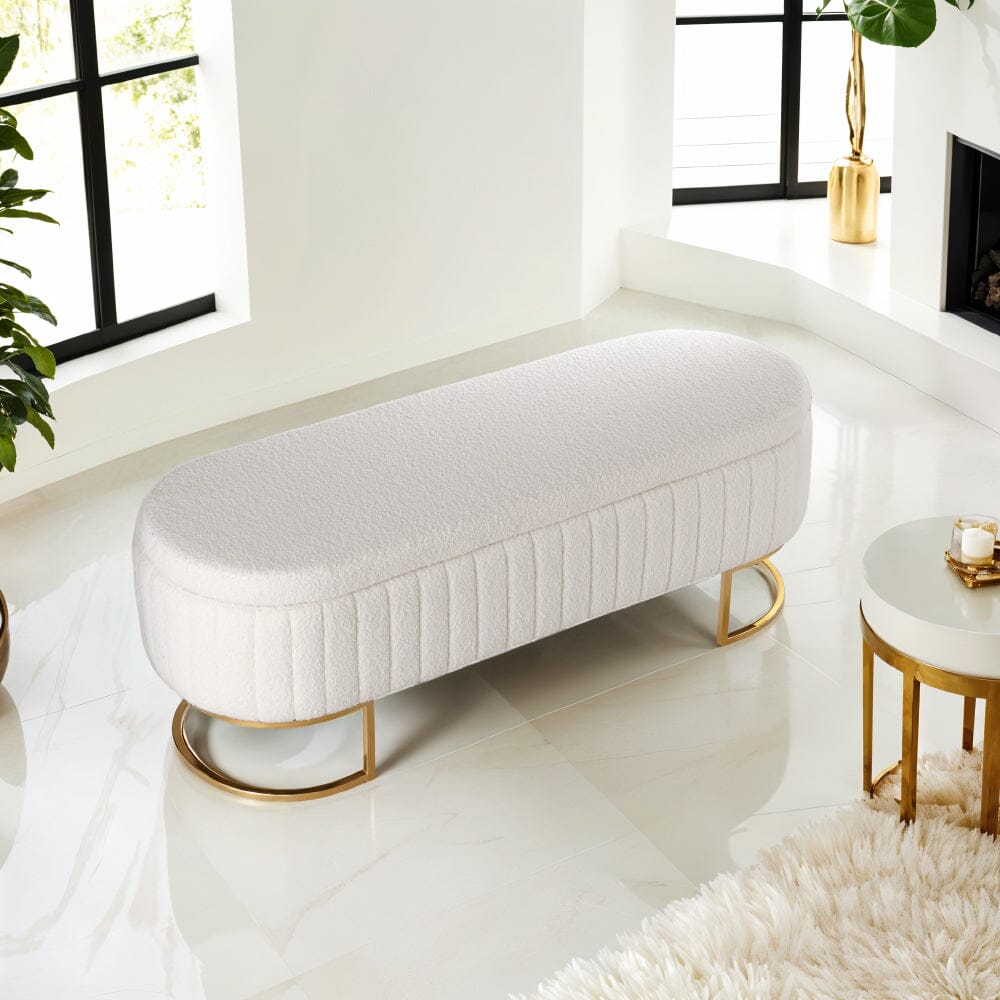 White Teddy Fleece Storage Bench with Metal Legs Living and Home 