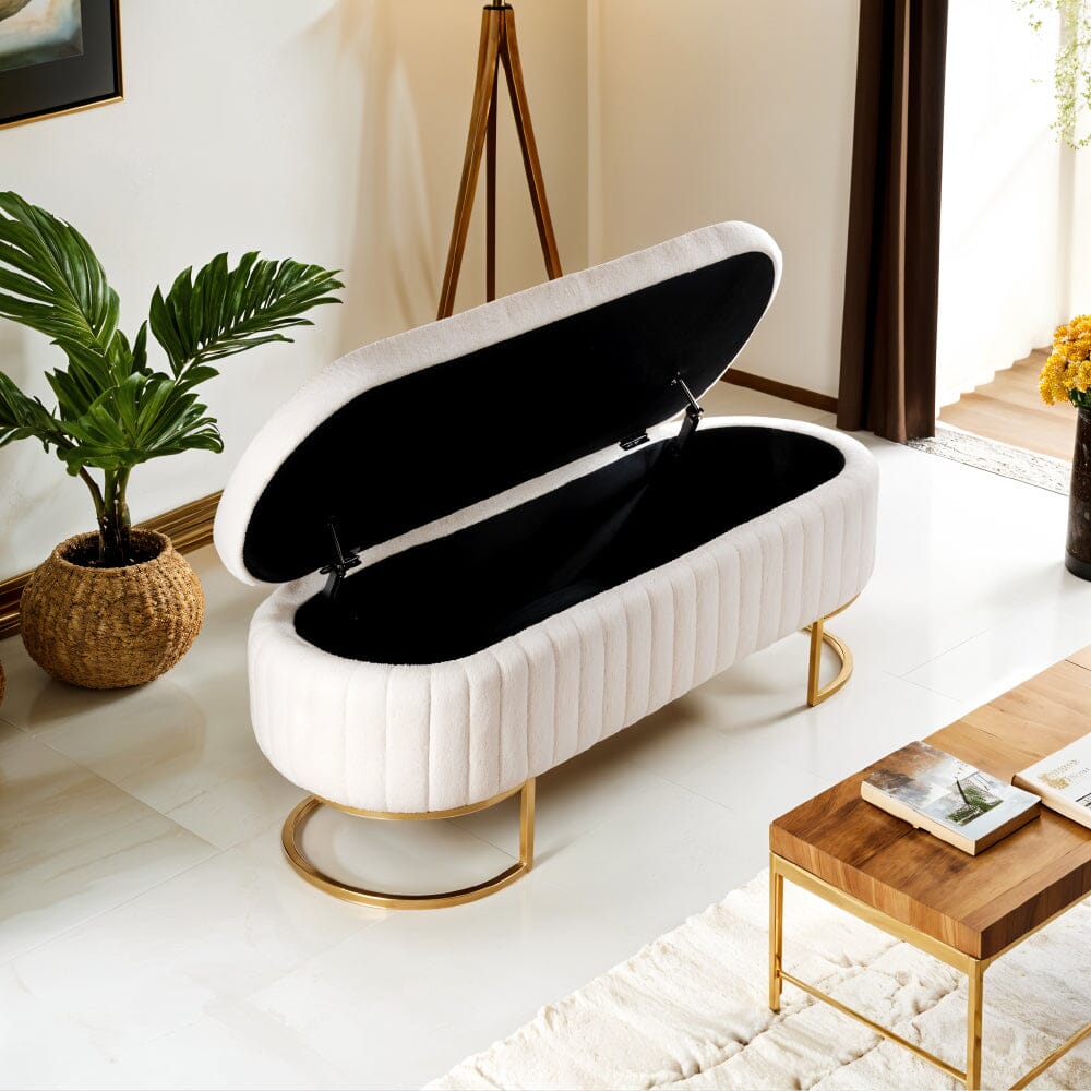 White Teddy Fleece Storage Bench with Metal Legs Living and Home 