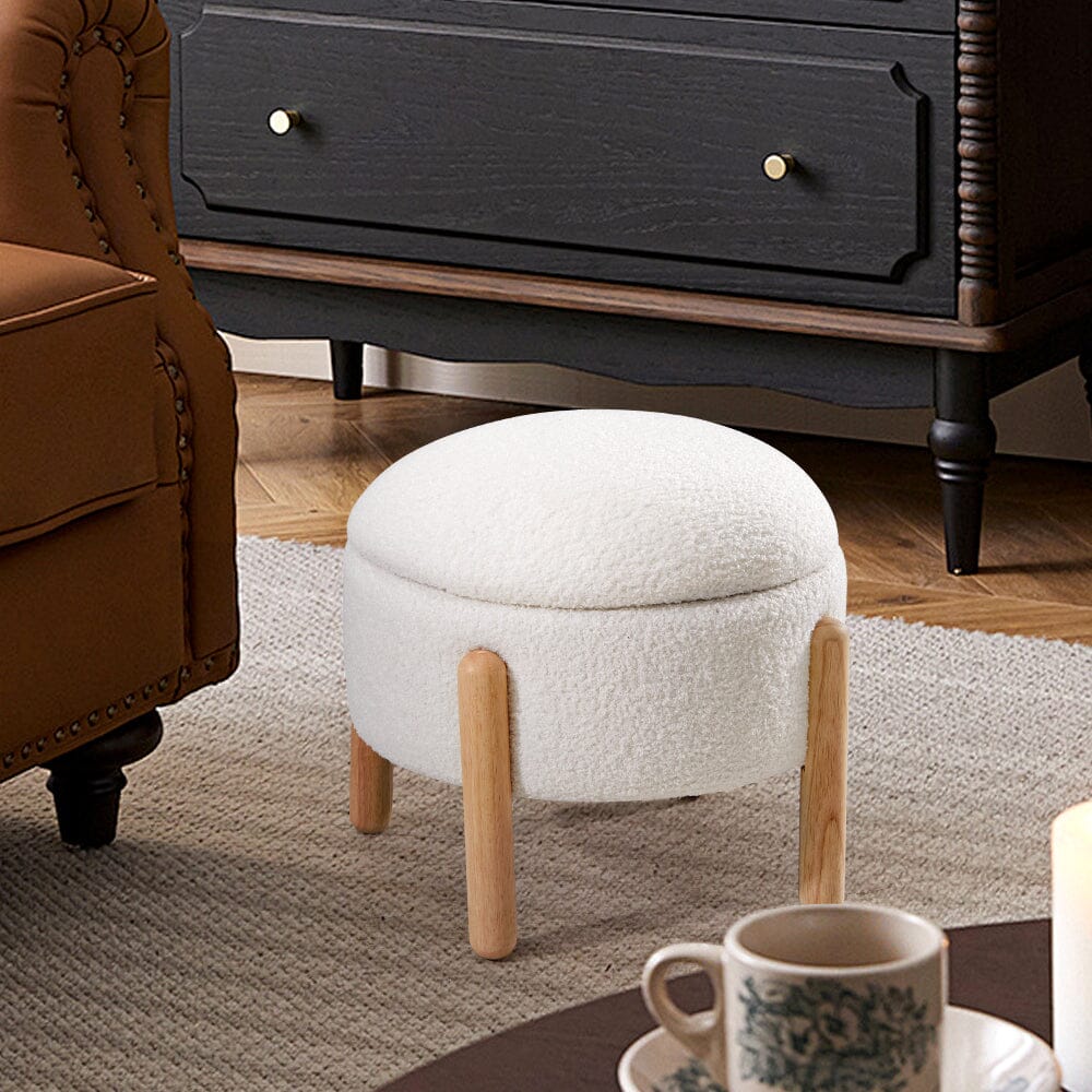 Off-White Mini Teddy Fleece Storage Ottoman with Wooden Legs Living and Home 