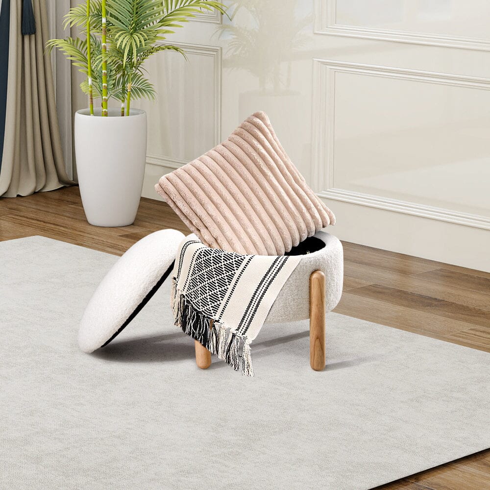 Off-White Mini Teddy Fleece Storage Ottoman with Wooden Legs Living and Home 