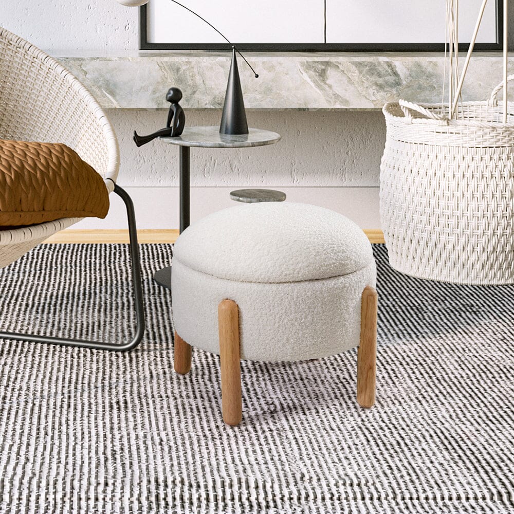 Off-White Mini Teddy Fleece Storage Ottoman with Wooden Legs Living and Home 