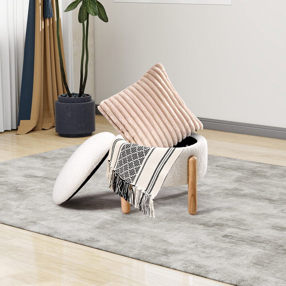 Off-White Mini Teddy Fleece Storage Ottoman with Wooden Legs Living and Home 