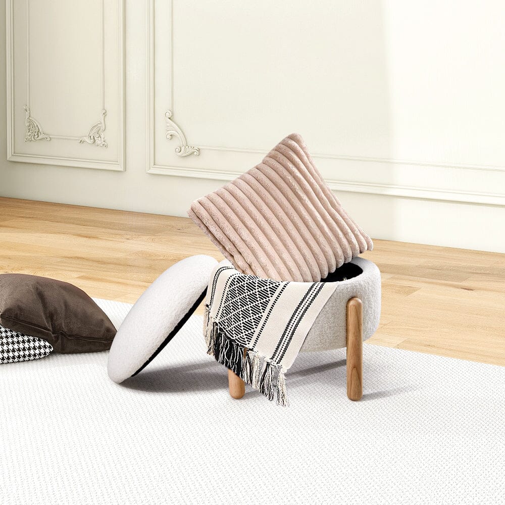 Off-White Mini Teddy Fleece Storage Ottoman with Wooden Legs Living and Home 