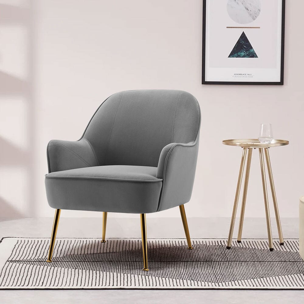 Modern Leisure Accent Chair Grey Velvet with Gold Legs Living and Home 