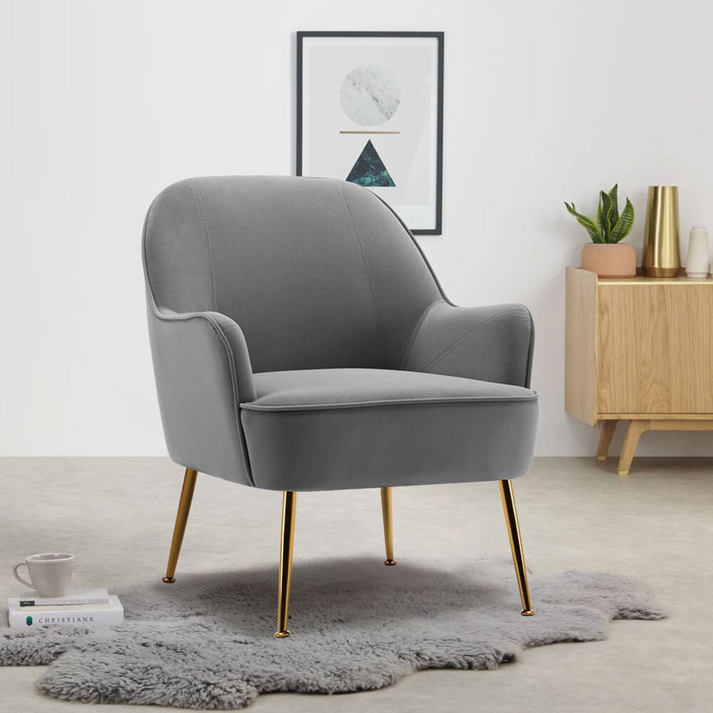 Modern Leisure Accent Chair Grey Velvet with Gold Legs Living and Home 