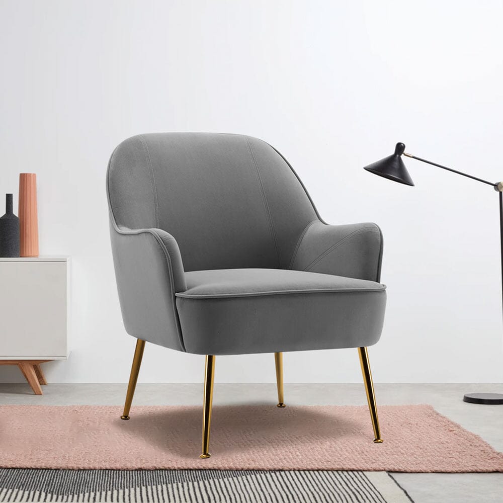 Modern Leisure Accent Chair Grey Velvet with Gold Legs Living and Home 
